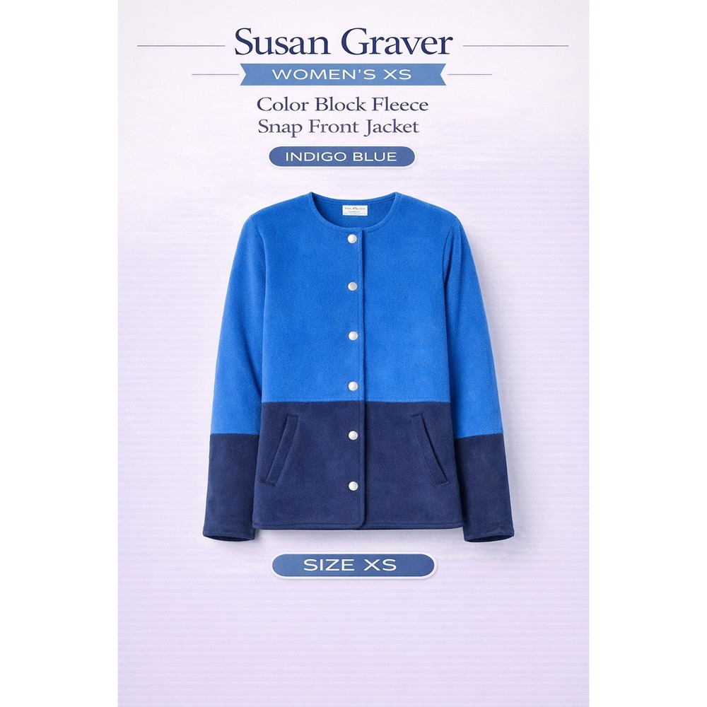 Susan Graver Womens XS Color Block Fleece Snap Front Jacket Indigo Blue‎ A658676